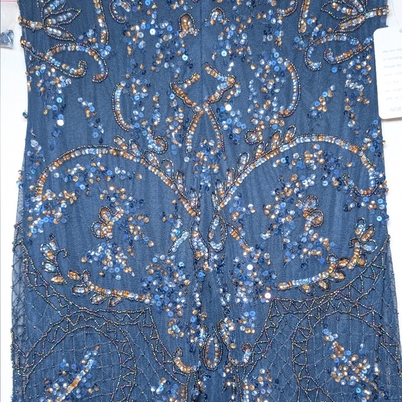 NWT Pisarro Nights Beaded Mesh Midi Cocktail Dress in Navy - Picture 12 of 16